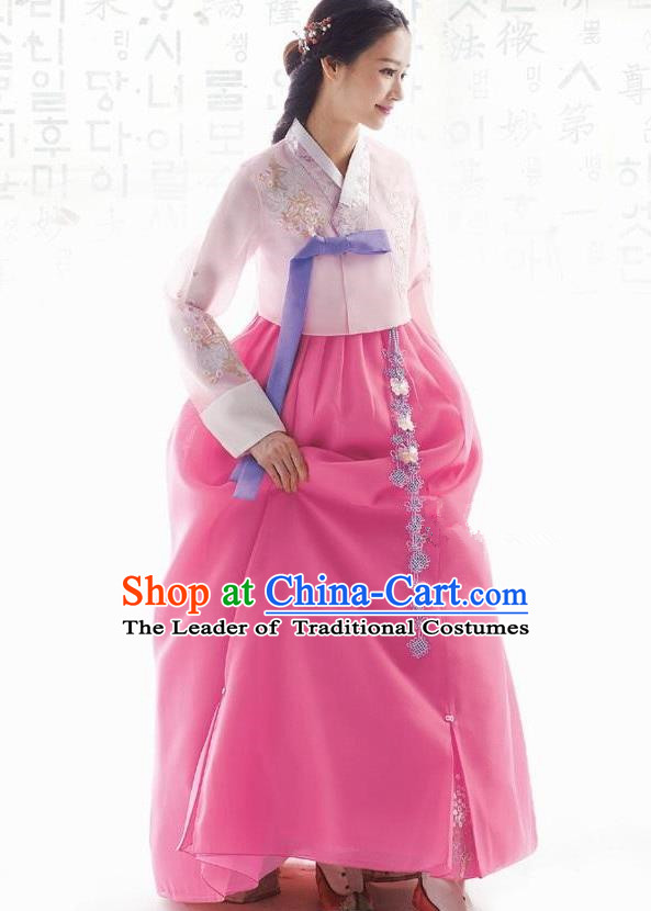 Traditional Korean Costumes Bride Formal Attire Ceremonial Pink Blouse and Full Dress, Korea Hanbok Court Embroidered Wedding Clothing for Women