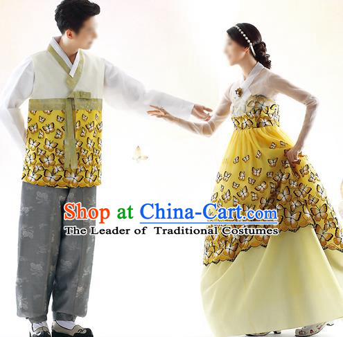 Traditional Korean Costumes Bride and Bridegroom Formal Attire Ceremonial Yellow Clothes, Korea Hanbok Court Embroidered Clothing for Women for Men