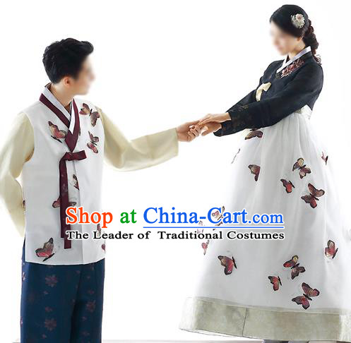Traditional Korean Costumes Bride and Bridegroom Formal Attire Ceremonial White Clothes, Korea Hanbok Court Embroidered Clothing for Women for Men