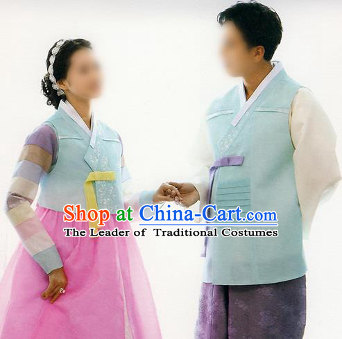 Traditional Korean Costumes Bride and Bridegroom Formal Attire Ceremonial Blue Clothes, Korea Hanbok Court Embroidered Clothing for Women for Men