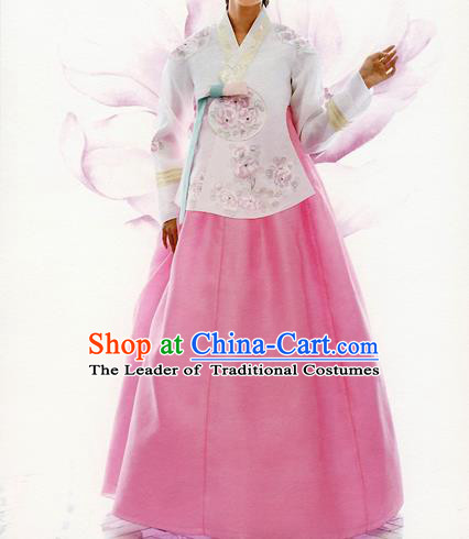 Traditional Korean Costumes Bride Formal Attire Ceremonial White Blouse and Pink Dress, Korea Hanbok Court Embroidered Clothing for Women
