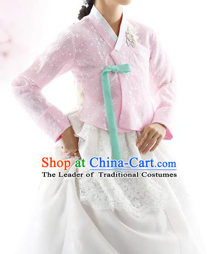 Traditional Korean Costumes Bride Formal Attire Ceremonial Pink Blouse and White Lace Dress, Korea Hanbok Court Embroidered Clothing for Women