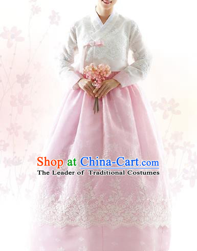 Traditional Korean Costumes Bride Formal Attire Ceremonial White Blouse and Pink Lace Dress, Korea Hanbok Court Embroidered Clothing for Women