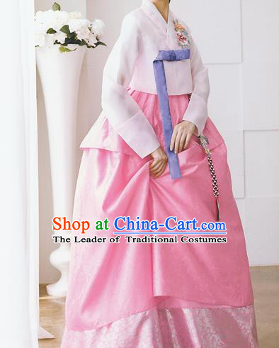 Traditional Korean Costumes Bride Formal Attire Ceremonial Pink Full Dress, Korea Hanbok Court Embroidered Wedding Clothing for Women