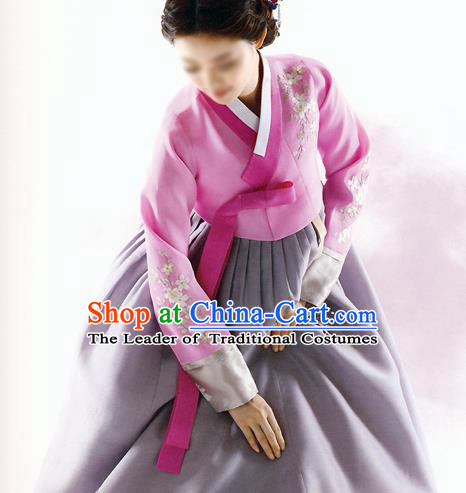 Traditional Korean Costumes Bride Formal Attire Ceremonial Pink Blouse and Grey Dress, Korea Hanbok Court Embroidered Clothing for Women