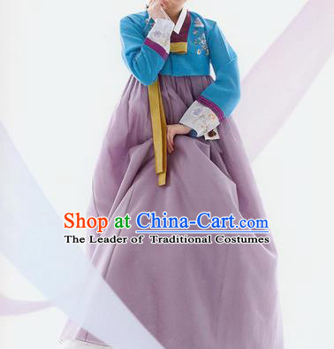 Traditional Korean Costumes Bride Wedding Blue Blouse and Purple Silk Dress, Korea Hanbok Princess Court Embroidered Clothing for Women