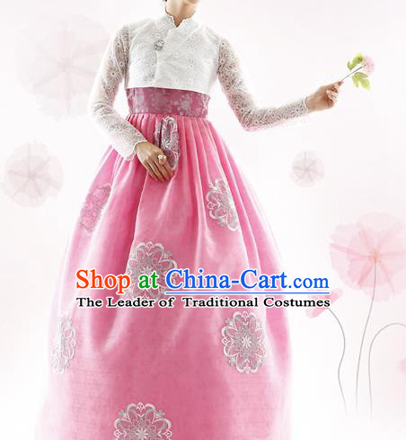 Traditional Korean Costumes Bride Formal Attire Ceremonial White Blouse and Pink Dress, Korea Hanbok Court Embroidered Clothing for Women
