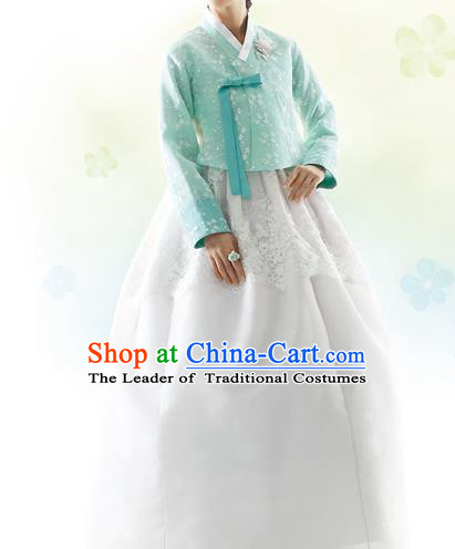 Traditional Korean Costumes Bride Formal Attire Ceremonial Green Blouse and White Dress, Korea Hanbok Court Embroidered Clothing for Women