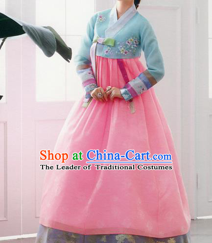 Traditional Korean Costumes Bride Formal Attire Ceremonial Blue Blouse and Pink Dress, Korea Hanbok Court Embroidered Clothing for Women