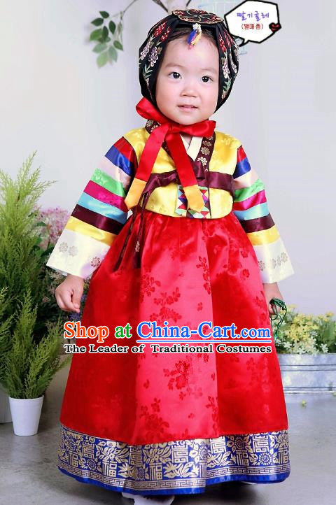 Traditional Korean Handmade Formal Occasions Embroidered Baby Brithday Hanbok Red Dress Clothing for Girls