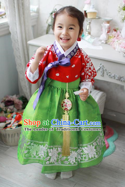 Traditional Korean Handmade Formal Occasions Embroidered Baby Brithday Hanbok Green Dress Clothing for Girls