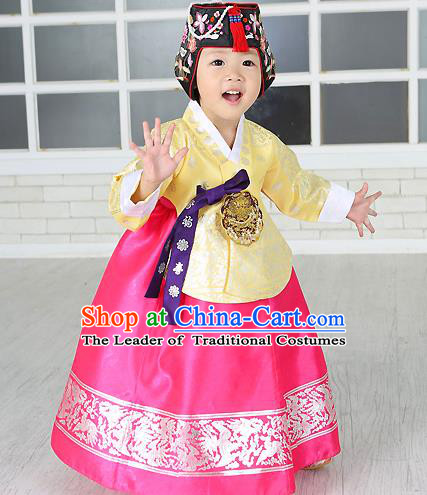Traditional Korean Handmade Formal Occasions Costume Embroidered Baby Brithday Girls Yellow Blouse and Pink Dress Hanbok Clothing