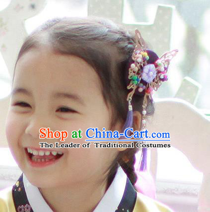 Traditional Korean Hair Accessories Purple Butterfly Tassel Hair Clasp, Asian Korean Fashion Headwear Headband for Kids