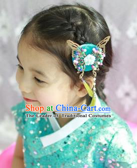 Traditional Korean Hair Accessories Green Butterfly Tassel Hair Clasp, Asian Korean Fashion Headwear Headband for Kids