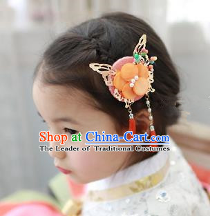 Traditional Korean Hair Accessories Orange Butterfly Tassel Hair Clasp, Asian Korean Fashion Headwear Headband for Kids