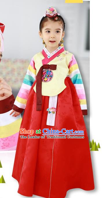 Traditional Korean Handmade Formal Occasions Costume Baby Princess Embroidered Yellow Blouse and Red Dress Hanbok Clothing for Girls