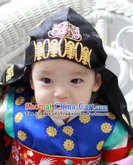 Traditional Korean Hair Accessories Black Embroidered Hats, Asian Korean Fashion Headwear for Boys