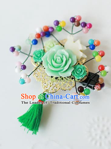 Traditional Korean Hair Accessories Green Flowers Hair Stick, Asian Korean Fashion Headwear Wedding Tassel Hair Claw for Kids