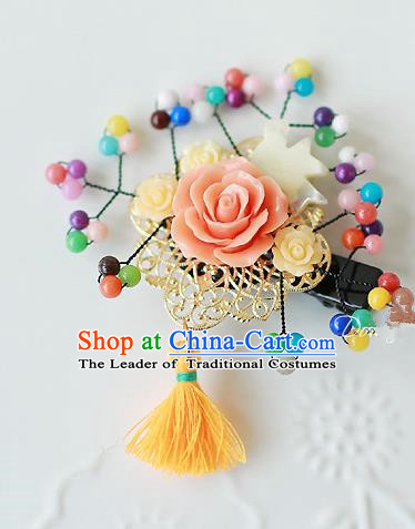Traditional Korean Hair Accessories Orange Flowers Hair Stick, Asian Korean Fashion Headwear Wedding Tassel Hair Claw for Kids