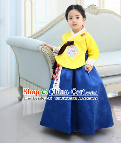 Asian Korean Traditional Handmade Formal Occasions Costume Princess Yellow Embroidered Blouse and Blue Dress Hanbok Clothing for Girls
