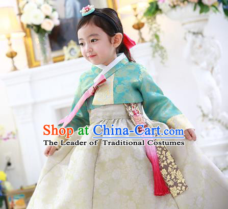 Asian Korean Traditional Handmade Formal Occasions Costume Princess Green Embroidered Blouse and White Dress Hanbok Clothing for Girls