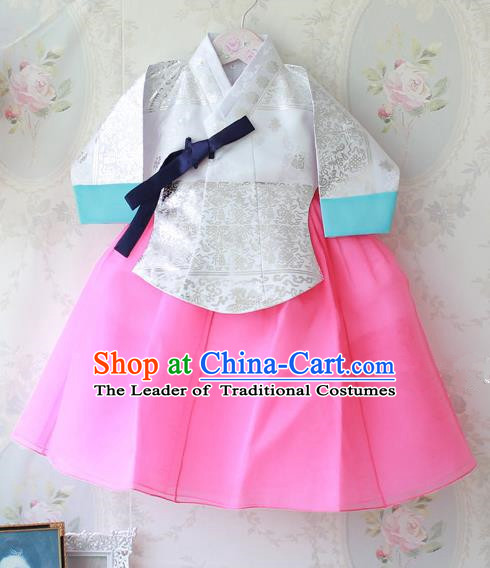 Asian Korean Traditional Handmade Formal Occasions Costume Princess Embroidered White Blouse and Pink Dress Hanbok Clothing for Girls