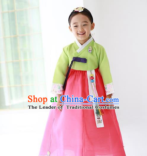 Asian Korean Traditional Handmade Formal Occasions Costume Princess Embroidered Green Blouse and Pink Dress Hanbok Clothing for Girls