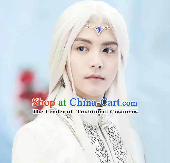 Ancient Chinese Fantasy White Long Wigs and Hair Jewelry for Men