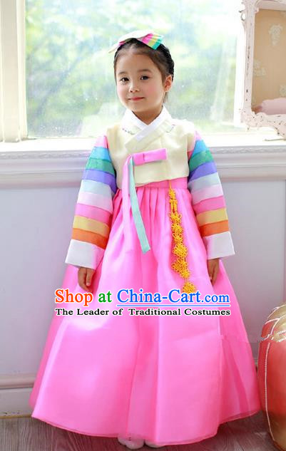 Asian Korean Traditional Handmade Formal Occasions Costume Princess Embroidered Beige Blouse and Pink Dress Hanbok Clothing for Girls