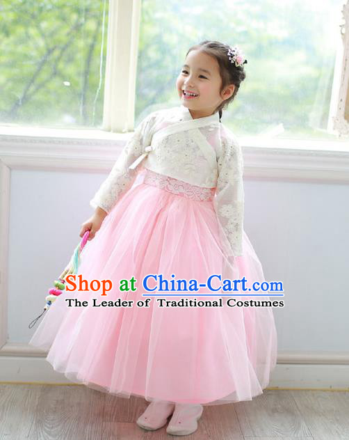 Asian Korean Traditional Handmade Formal Occasions Costume Princess Embroidered White Lace Blouse and Pink Dress Hanbok Clothing for Girls