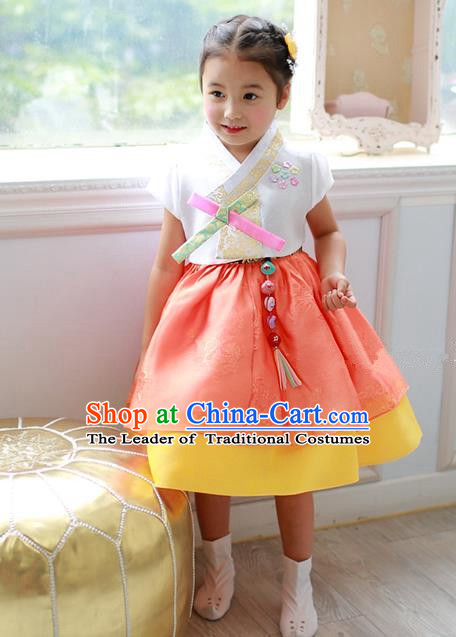 Asian Korean Traditional Handmade Formal Occasions Costume Princess Embroidered White Blouse and Orange Dress Hanbok Clothing for Girls