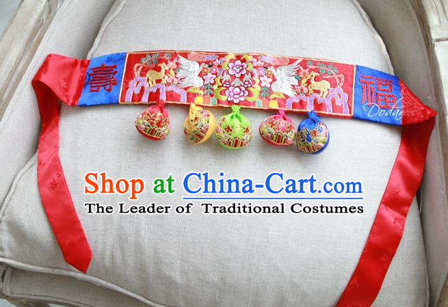Traditional Korean National Accessories Embroidered Red Waist Belts, Asian Korean Fashion Waistband Decorations for Kids