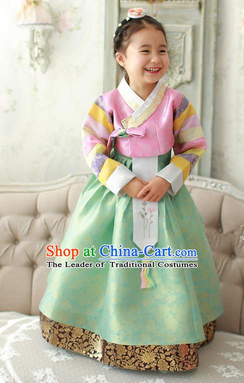 Asian Korean Traditional Handmade Formal Occasions Costume Palace Princess Embroidered Pink Blouse and Green Dress Hanbok Clothing for Girls