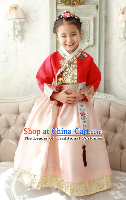 Asian Korean Traditional Handmade Formal Occasions Costume Palace Princess Embroidered Red Blouse and Pink Dress Hanbok Clothing for Girls