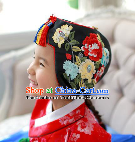 Traditional Korean Hair Accessories Bride Black Embroidered Peony Hats, Asian Korean Fashion Girls Wedding Headwear for Kids