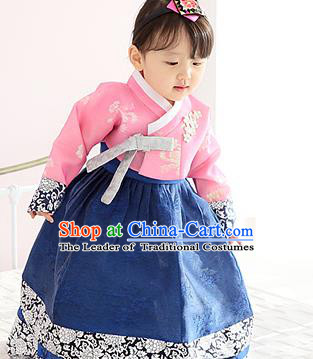 Asian Korean Traditional Handmade Formal Occasions Girls Embroidered Pink Blouse and Blue Dress Costume Hanbok Clothing for Kids