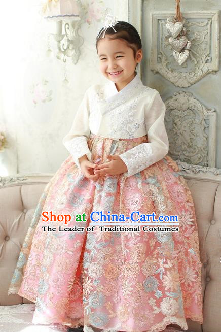 Asian Korean Traditional Handmade Formal Occasions Girls Embroidered White Blouse and Pink Lace Dress Costume Hanbok Clothing for Kids