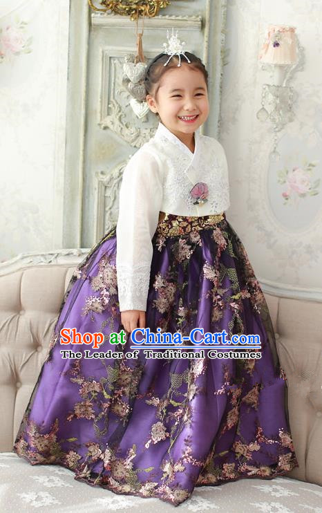 Asian Korean Traditional Handmade Formal Occasions Girls Embroidered White Blouse and Purple Lace Dress Costume Hanbok Clothing for Kids