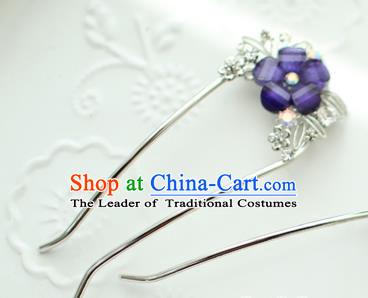 Traditional Korean National Hair Accessories Blue Flower Hairpins, Asian Korean Fashion Wedding Hanbok Hair Decorations Headwear for Women