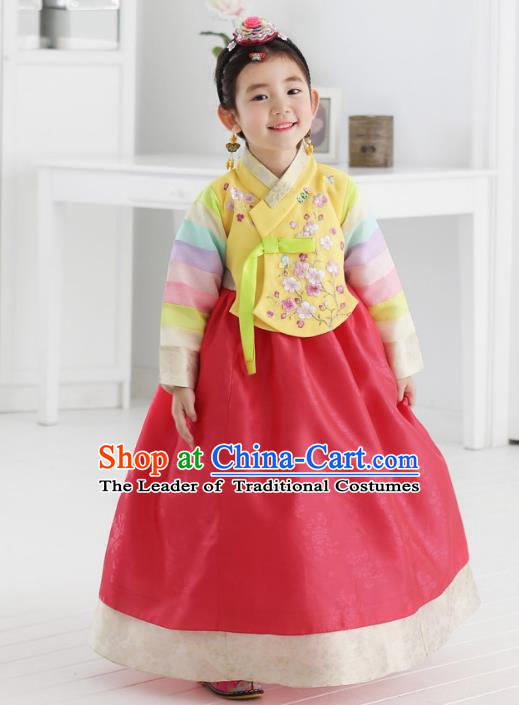 Asian Korean National Traditional Handmade Formal Occasions Girls Embroidered Yellow Blouse and Red Dress Costume Hanbok Clothing for Kids