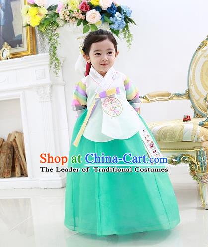 Asian Korean National Traditional Handmade Formal Occasions Embroidered White Blouse and Green Dress Costume Wedding Hanbok Clothing for Girls