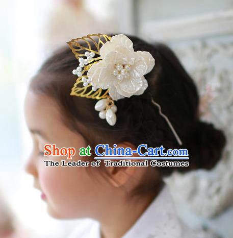 Traditional Korean National Hair Accessories Wedding Princess Shell Flower Hairpins, Asian Korean Fashion Hanbok Hair Stick Headwear for Girls
