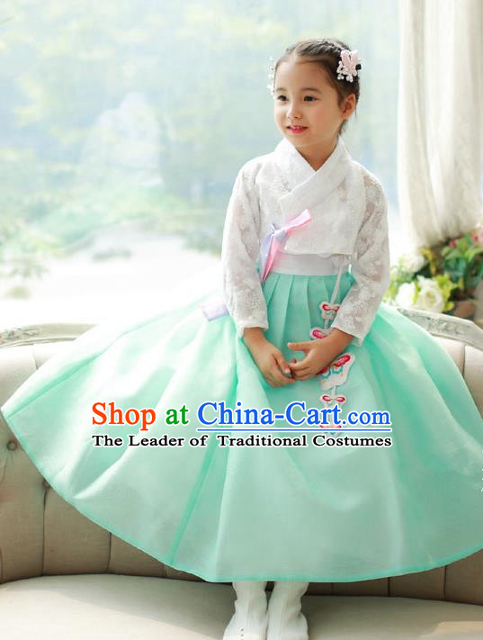 Asian Korean National Traditional Handmade Formal Occasions Girls Embroidered White Lace Blouse and Green Dress Costume Hanbok Clothing for Kids