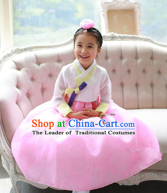 Asian Korean National Traditional Handmade Formal Occasions Girls Embroidered White Blouse and Pink Dress Costume Hanbok Clothing for Kids