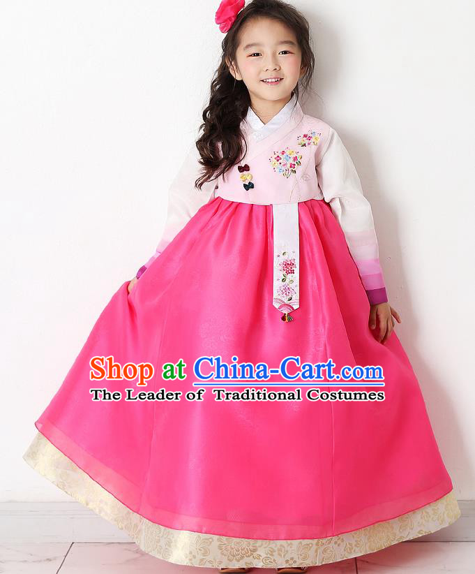 Asian Korean National Traditional Handmade Formal Occasions Girls Embroidered Pink Blouse and Dress Costume Hanbok Clothing for Kids