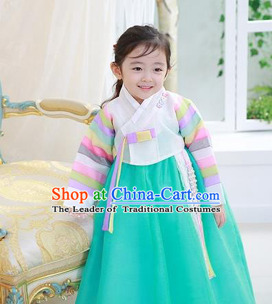 Asian Korean National Traditional Handmade Formal Occasions Girls Embroidered White Blouse and Green Dress Costume Hanbok Clothing for Kids