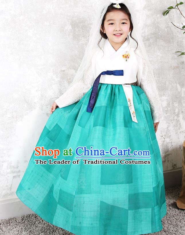Asian Korean National Traditional Handmade Formal Occasions Girls Embroidery White Blouse and Green Dress Costume Hanbok Clothing for Kids