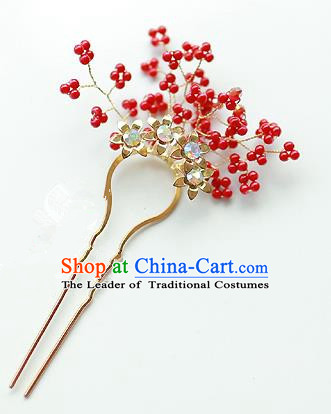 Traditional Korean National Hair Accessories Wedding Princess Red Beads Hairpins, Asian Korean Fashion Hanbok Hair Claw Headwear for Girls