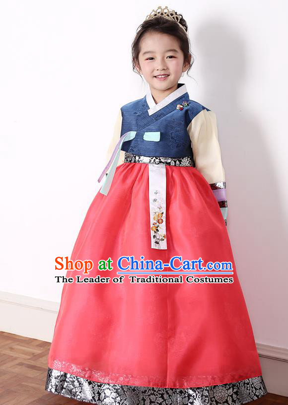 Asian Korean National Traditional Handmade Formal Occasions Girls Embroidery Blue Blouse and Red Dress Costume Hanbok Clothing for Kids