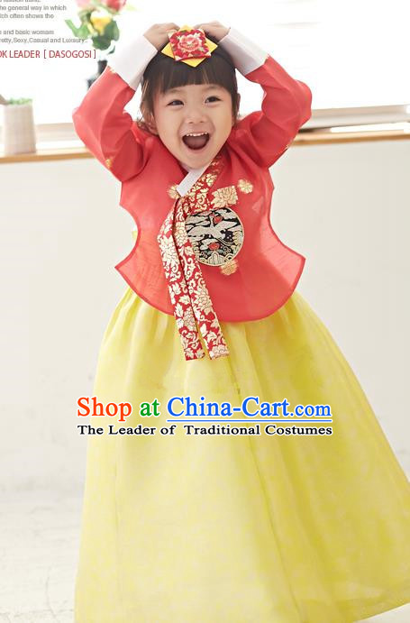 Traditional Korean National Handmade Formal Occasions Girls Hanbok Costume Embroidered Red Blouse and Yellow Dress for Kids